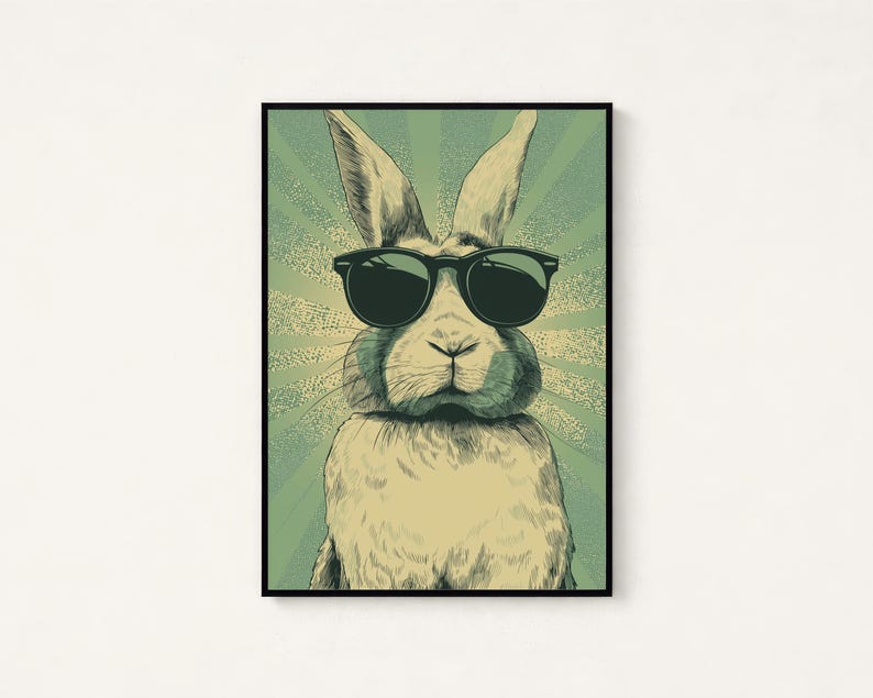 May include: A framed wall art print featuring a stylized illustration of a rabbit wearing black sunglasses. The rabbit is centered against a background of radiating light green and cream-colored sunburst lines, rendered in a graphic art style.