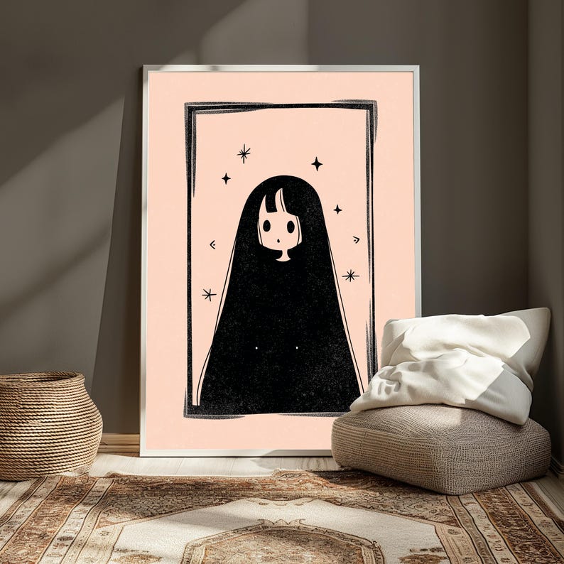 Fille mystique aux cheveux longs Impression minimaliste | Portrait minimaliste sombre | Art mural éthéré | Téléchargement numérique A3 A2 A1 image 5
