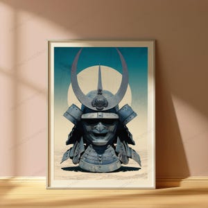May include: A framed wall art print featuring a blue-toned samurai helmet with a prominent crescent-shaped crest and a fierce facial mask. The helmet is centered against a large, pale circular background, set within a desert-like landscape.