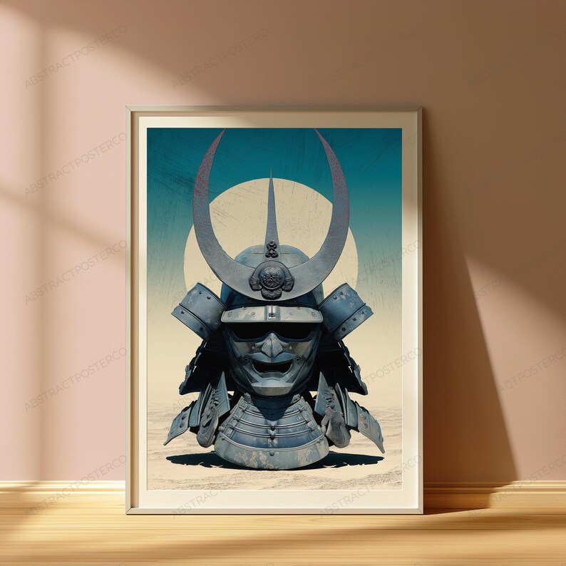 May include: A framed wall art print featuring a blue-toned samurai helmet with a prominent crescent-shaped crest and a fierce facial mask. The helmet is centered against a large, pale circular background, set within a desert-like landscape.