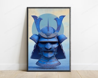 Blue Samurai Kabuto Helmet Art Print | Japanese Warrior Armor Wall Art | Minimalist Home Decor | Digital Download A3 A2 A1