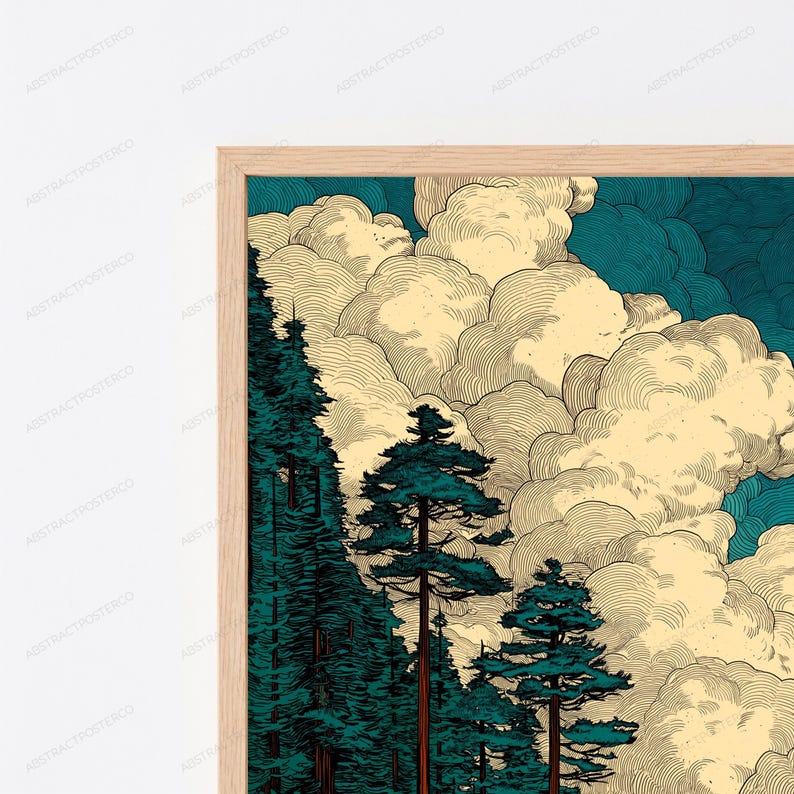 May include: A framed wall art print featuring a stylized landscape with dark teal evergreen trees in the foreground and large, voluminous cream-colored clouds against a deep teal sky, all enclosed in a light-toned wooden frame.