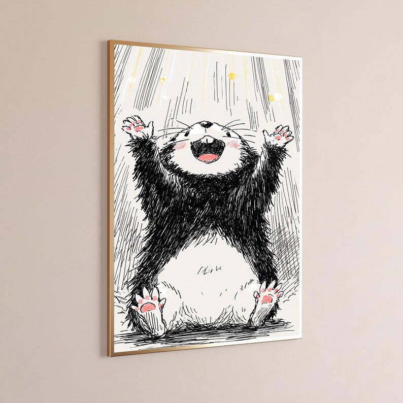 May include: A framed wall art print featuring a black and white sketch of a joyful, furry creature with its arms raised upward. The creature has a white belly, pink paw pads, and a wide, open-mouthed smile, set against a background of vertical lines.
