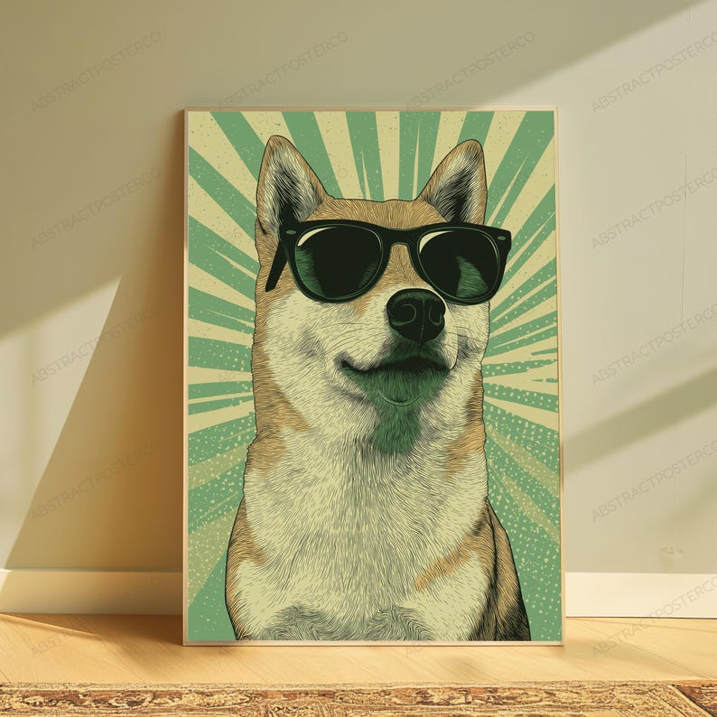 May include: A vertical poster featuring a stylized illustration of a Shiba Inu dog wearing black sunglasses. The dog is centered against a background of radiating light green and cream-colored sunburst lines. The artwork has a textured appearance.