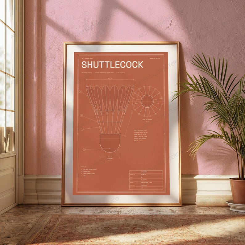 Shuttlecock Technical Blueprint Print | Badminton Sports Wall Art | Minimalist Line Drawing zdjęcie 4