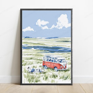 May include: A framed art print featuring a watercolor illustration of a red and white vintage camper van parked in a grassy field. Two figures are relaxing in chairs next to the vehicle under a light blue sky with white clouds and distant hills.