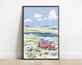 Lámina de furgoneta camper VW vintage / Arte mural de viaje por carretera / Ilustración de la vida en furgoneta retro / Descarga digital A3 A2 A1
