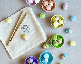 Pastel Rainbow Sorting Set -Hand Painted - Wooden Toys - Acorn Sorting - Mushroom Sorting