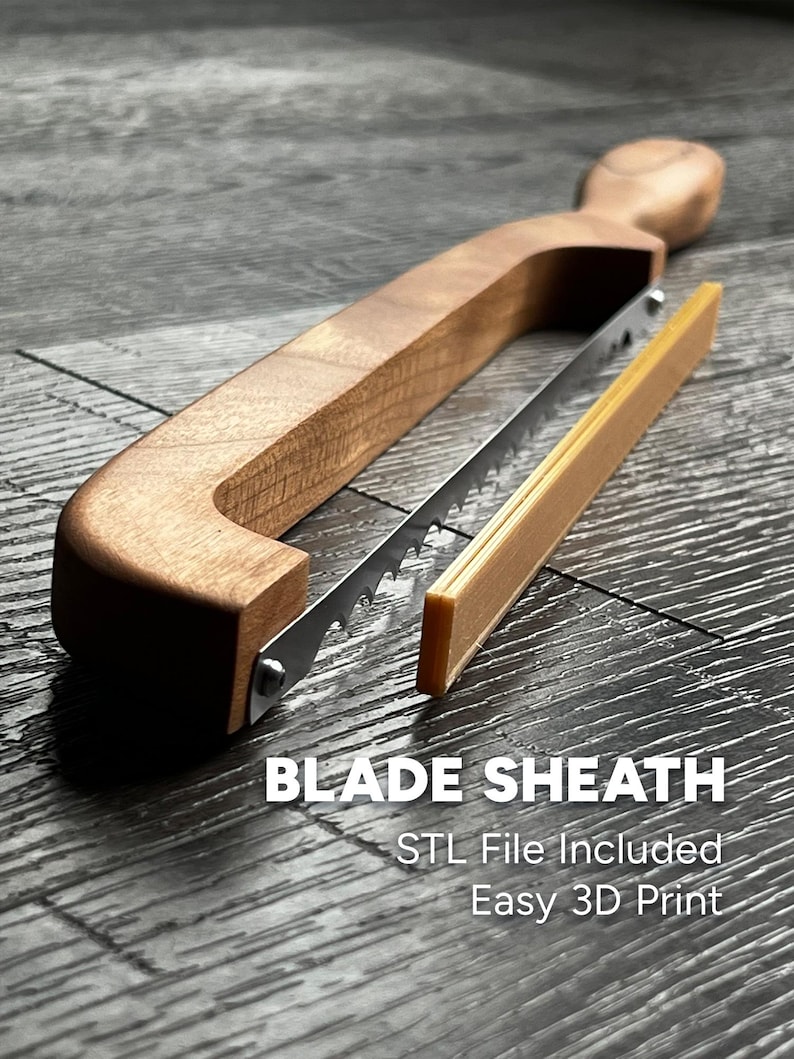 May include: A wooden blade sheath with a sawtooth blade. The sheath is made of light brown wood and has a simple design. The blade is made of metal and has a serrated edge. The text "BLADE SHEATH" is printed in white on a black background. The text "STL File Included" is printed in white on a black background. The text "Easy 3D Print" is printed in white on a black background.
