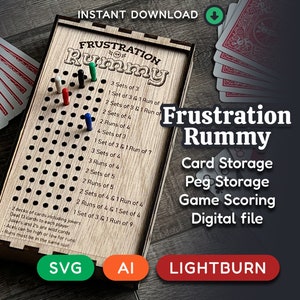 Pudełko na karty do gry w rummi Frustration — plik do pobrania w wersji cyfrowej — plik do grawerowania laserowego i wycinania — Glowforge — pliki SVG AI EPS i Lightburn.