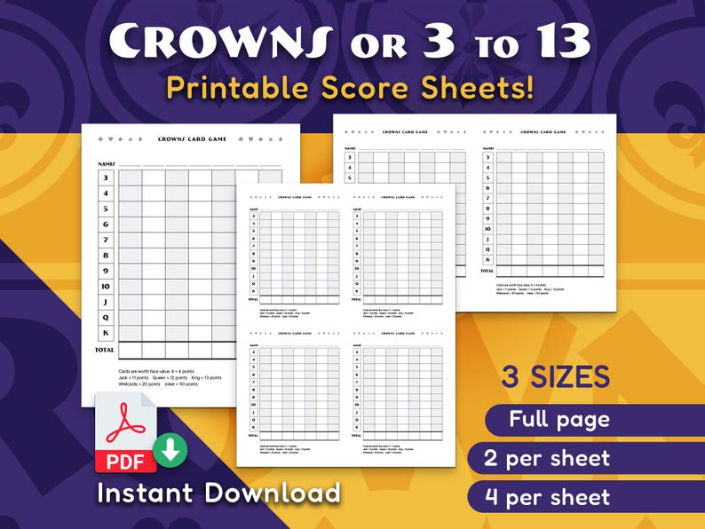 Crowns 3-13 Card Game Score Sheets: Printable Game Tracker (PDF) - Etsy