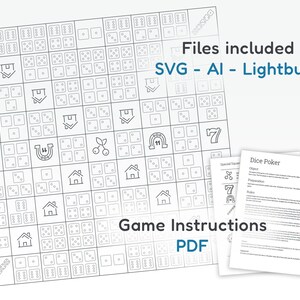May include: A black and white game board with dice patterns and symbols, including houses, cherries, and horseshoes. The text "Files included SVG - AI - Lightburn" and "Game Instructions PDF" are also visible. Accompanying instructions are included.