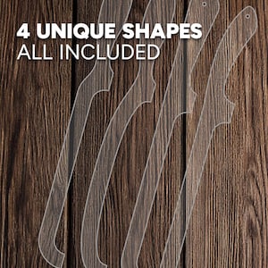 May include: Four unique shapes of clear plastic stencils on a brown wood background. The text "4 UNIQUE SHAPES ALL INCLUDED" is at the top of the image.