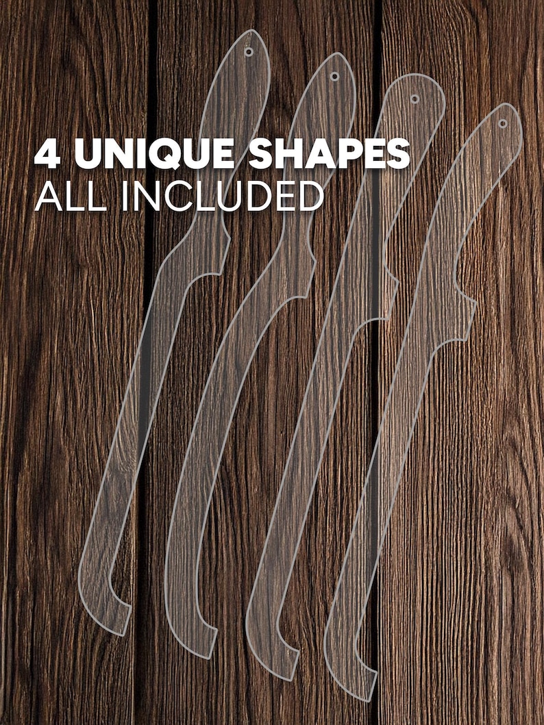 May include: Four unique shapes of clear plastic stencils on a brown wood background. The text "4 UNIQUE SHAPES ALL INCLUDED" is at the top of the image.