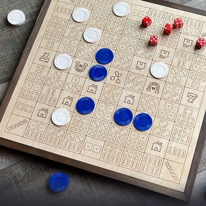 May include: Wooden board game with a dark brown frame, featuring a grid of squares with etched symbols and dice patterns. Includes red dice, white and blue game chips. The board measures 15.5 x 15.5 inches.
