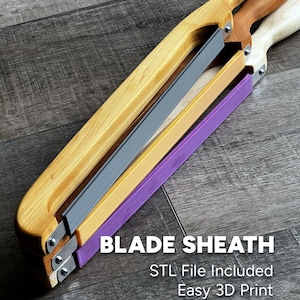 May include: Three wooden blade sheaths with a purple, yellow, and gray blade inside. The sheaths are stacked on top of each other. The text "BLADE SHEATH" is printed in white on a black background. The text "STL File Included" is printed in white on a black background. The text "Easy 3D Print" is printed in white on a black background.