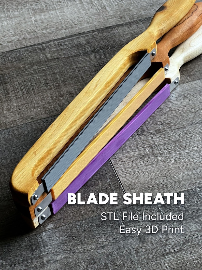 May include: Three wooden blade sheaths with a purple, yellow, and gray blade inside. The sheaths are stacked on top of each other. The text "BLADE SHEATH" is printed in white on a black background. The text "STL File Included" is printed in white on a black background. The text "Easy 3D Print" is printed in white on a black background.