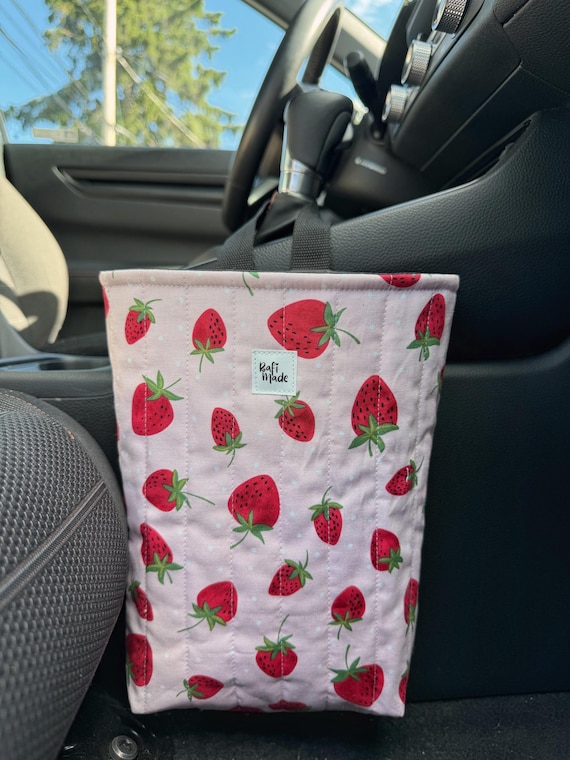 Quilted Strawberry Car Trash Bag | Waterproof Hanging Car Organizer