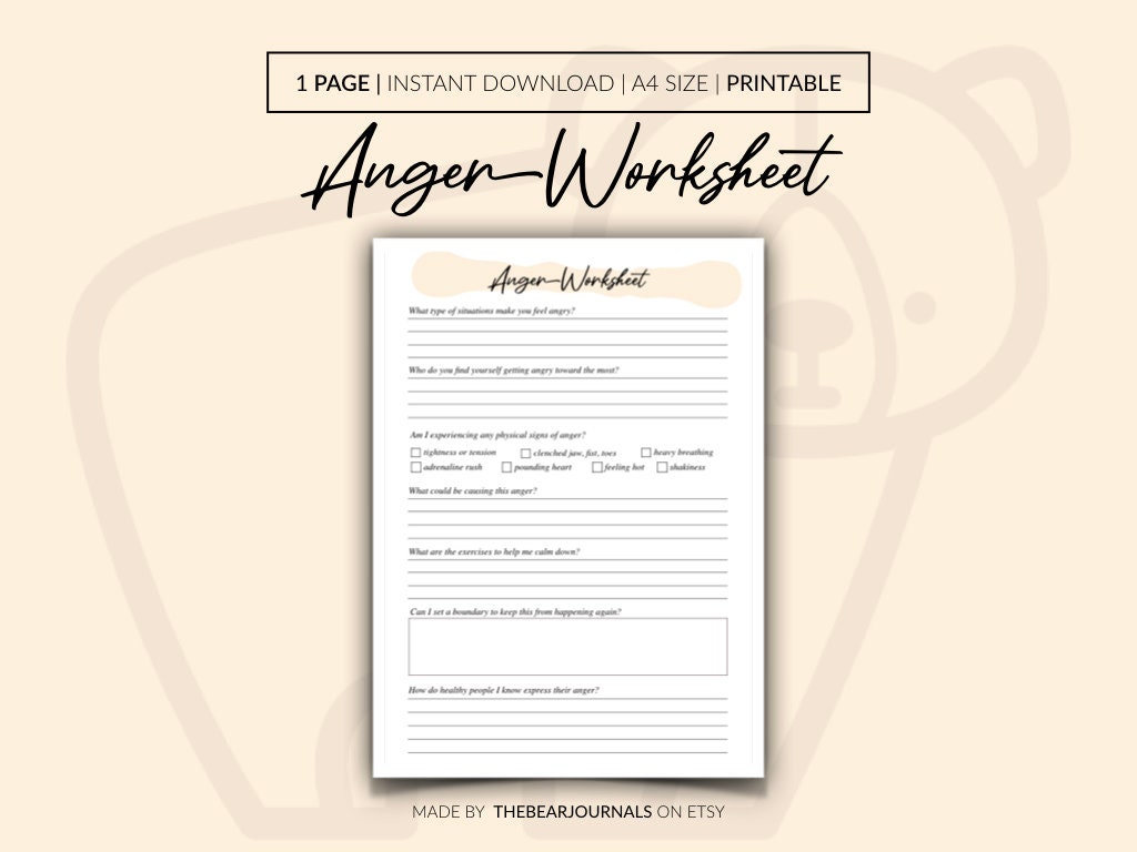 Anger Worksheet, Anger Management Worksheet, Anger Management Journal, Mental Health Worksheets, Self-Help
