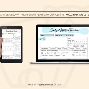 May include: A digital daily nutrition tracker with a blue and white colour scheme. The tracker includes sections for date, day of the week, hunger scale, mood, symptoms and feelings after a meal, and how long after a meal. The tracker is shown on a laptop and a tablet.