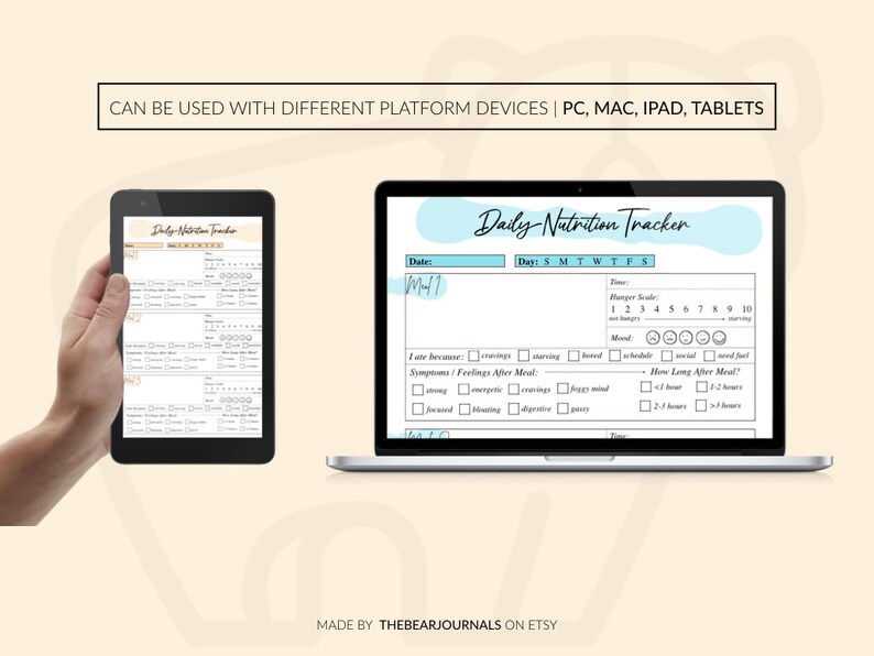 May include: A digital daily nutrition tracker with a blue and white colour scheme. The tracker includes sections for date, day of the week, hunger scale, mood, symptoms and feelings after a meal, and how long after a meal. The tracker is shown on a laptop and a tablet.