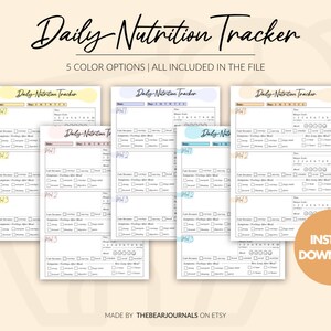 May include: Five printable daily nutrition tracker pages in different colours: yellow, purple, blue, light blue, and pink. Each page has sections for meals, water intake, and mood tracking. The text "Daily Nutrition Tracker" is at the top of each page.