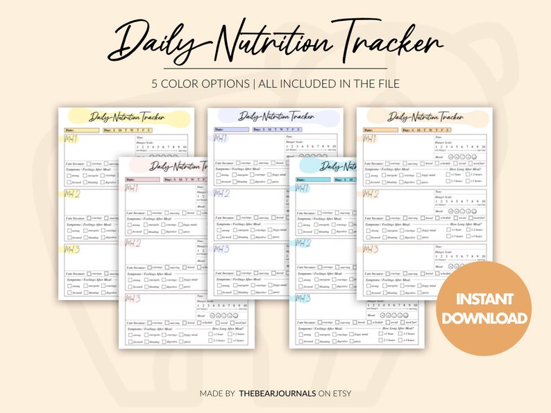 May include: Five printable daily nutrition tracker pages in different colours: yellow, purple, blue, light blue, and pink. Each page has sections for meals, water intake, and mood tracking. The text "Daily Nutrition Tracker" is at the top of each page.