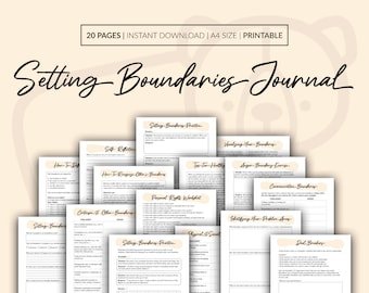 May include: A printable journal with 20 pages of worksheets and exercises for setting boundaries. The journal has a light brown background with the title "Setting Boundaries Journal" in black cursive text.