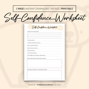 May include: Printable self-confidence worksheet with a light brown background. The worksheet includes prompts to help you identify your strengths and areas for improvement.