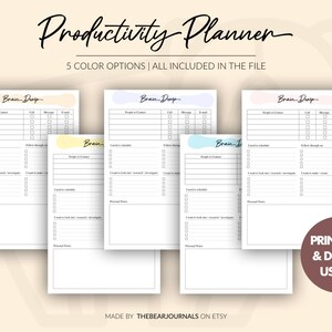 May include: Five printable productivity planner pages with the title "Brain Dump" and the text "5 Color Options | All Included in the File". The pages are in different colors: beige, light blue, yellow, pink, and white. The pages have sections for "People to Contact", "Call", "Message", "Email", "To Schedule", "Follow Through On", "I Want to Look Into, Research, Investigate", "I Want to Make or Create", "Personal Notes". The text "PRINTABLE & DIGITAL USAGE" is at the bottom right corner of the image.