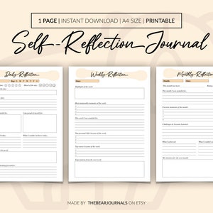 Self Reflection Journal, Daily Reflection, Weekly Reflection, Monthly Reflection, Gratitude Journal, Daily Review, Monthly Review PDF A4