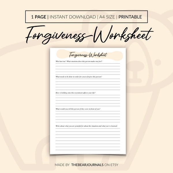 Forgiveness Journal, Self Forgiveness Worksheet, Forgiveness in Relationships, Forgiving Yourself Worksheet, Instant Download PDF