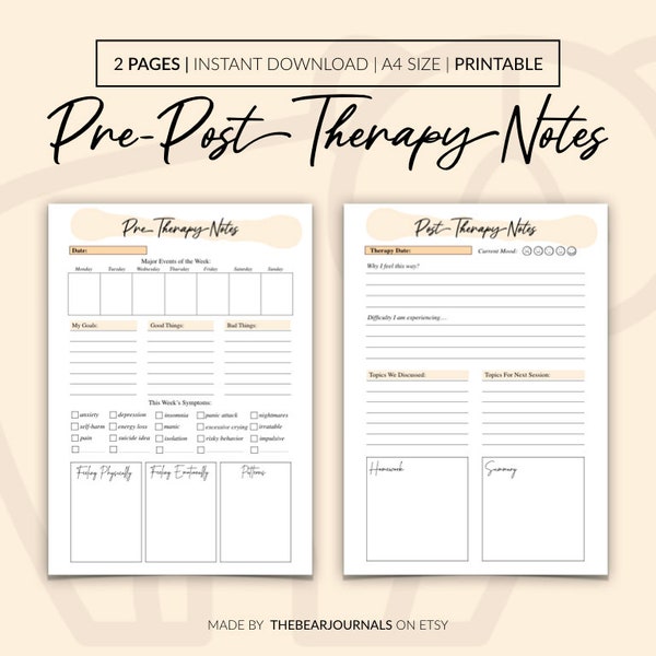 Pre-Therapy & Post-Therapy Notes, Therapy Session Journal, Therapy Overview, Therapy Session Tool, Pre and Post Therapy Planner