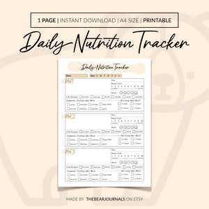 Daily Nutrition Tracker, Digital Daily Food Log Template, Instant Download Nutrition Trackers, Printable Diet Tracker, Daily Meal Journal