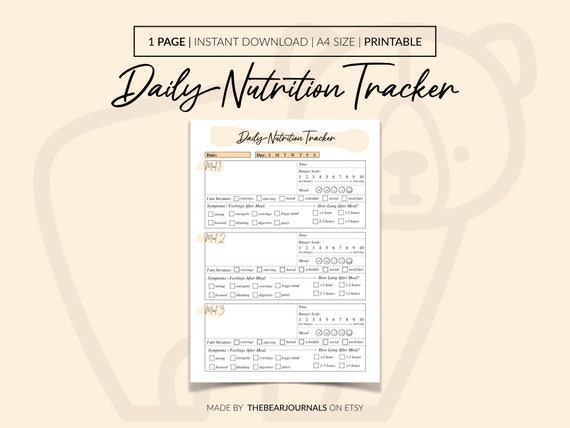Daily Nutrition Tracker, A4 Printable Food Log (Digital Download)