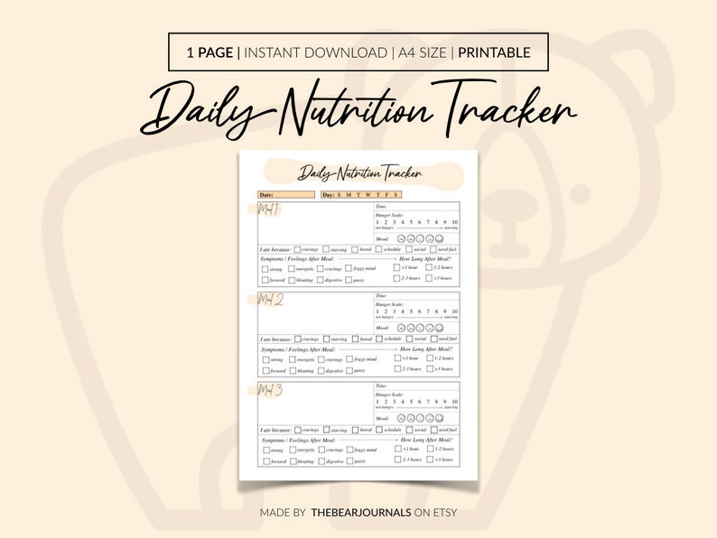 May include: Printable daily nutrition tracker with sections for meal times, hunger scale, mood, symptoms, and feelings after meals. The tracker is designed for three meals per day.