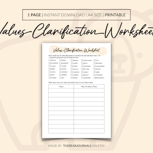 Values Clarification Worksheet, Identifying Values Worksheet, Personal Values Worksheet, Core Values, Self Discovery Worksheet Printable PDF