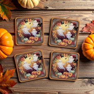 Cute Halloween Coasters Set of 4 - Ghosts, Pumpkins, Bats & Flowers - Fall Home Décor - Spooky Season Coffee Table Accessories - Autumn Gift
