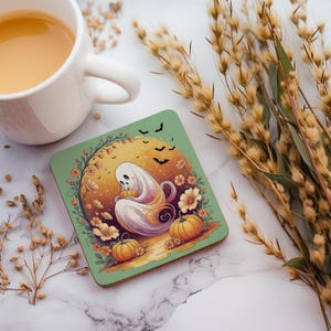 Cute Pastel Halloween Ghost Coasters - 4 Set - Bats and Flowers Autumn Coffee Table Décor - Spooky Season Drink Coasters - Fall Hostess Gift