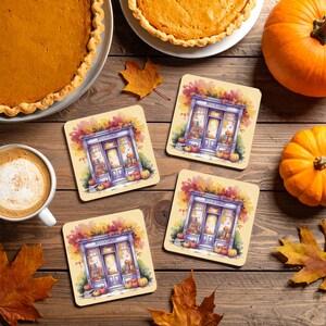 Halloween Bookshop Coasters Set - Cozy Autumn Home Decor with Pumpkins & Leaves, Halloween Coffee Bar Accessories, Gift for Book Lovers