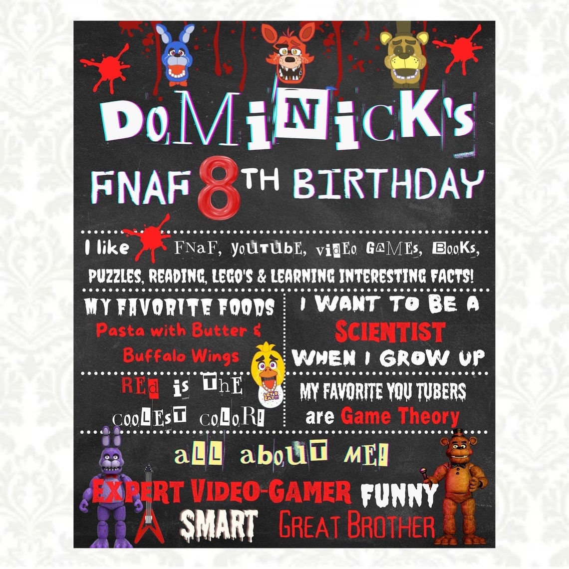 FNAF Party, Five Nights at Freddys, Custom Birthday Chalkboard, Table ...