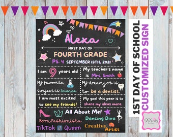 Back to School, First Day of School, Fourth Grade, First Day of School Chalkboard, School Custom Digital Printable Poster, School Sign