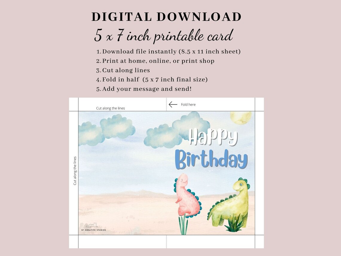 Printable Dinosaur Birthday Card for Kids, Watercolor Dinosaur Card, Cute Dinosaur Card, Dino ...