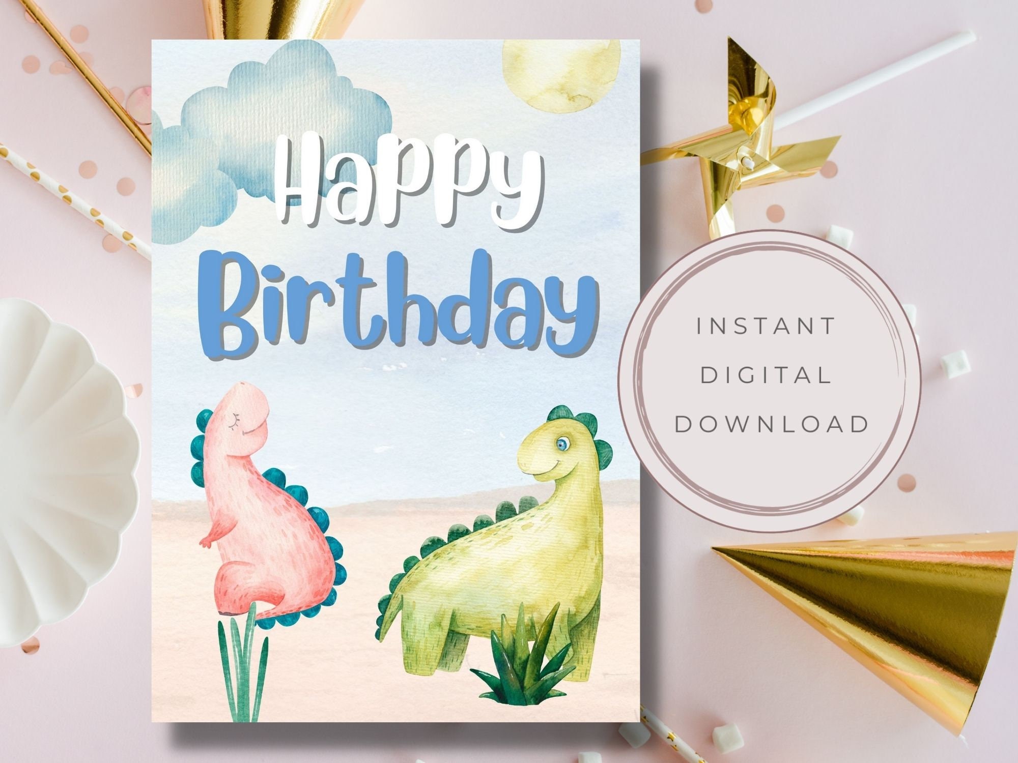 Printable Dinosaur Birthday Card for Kids, Watercolor Dinosaur Card ...