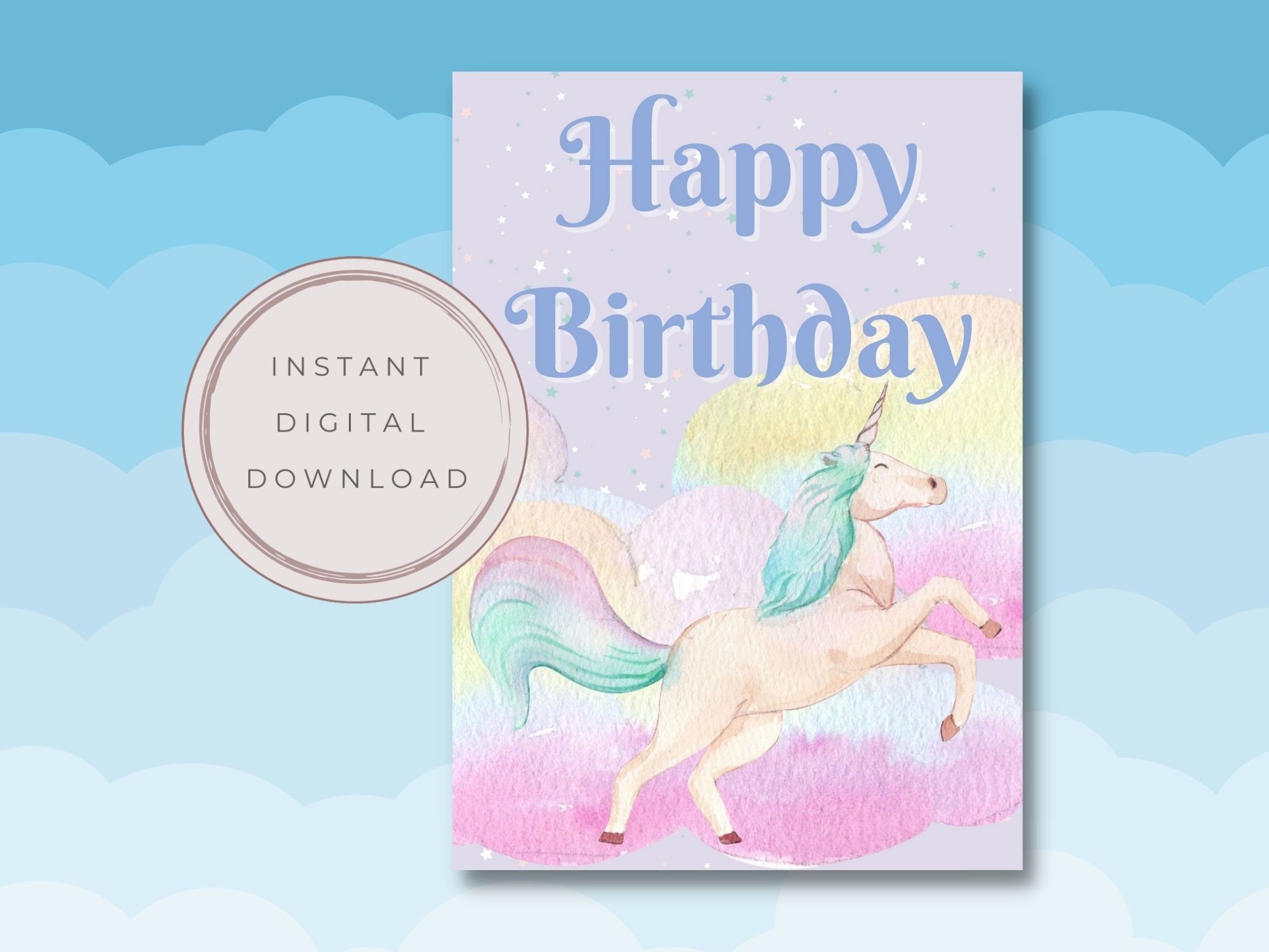 Rainbow Unicorn Birthday Card for Girls, Watercolor Rainbow Cloud Card for 10th Birthday ...
