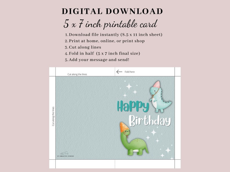 Printable Dinosaur Birthday Card for Kids, Cute Birthday Card, Baby ...