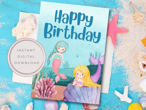 Printable Mermaid Birthday Card Birthday Card for Girls | Etsy