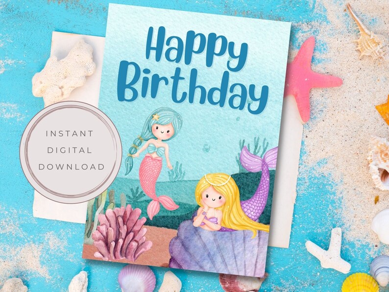 Printable Mermaid Birthday Card, Birthday Card for Girls, Birthday Card ...