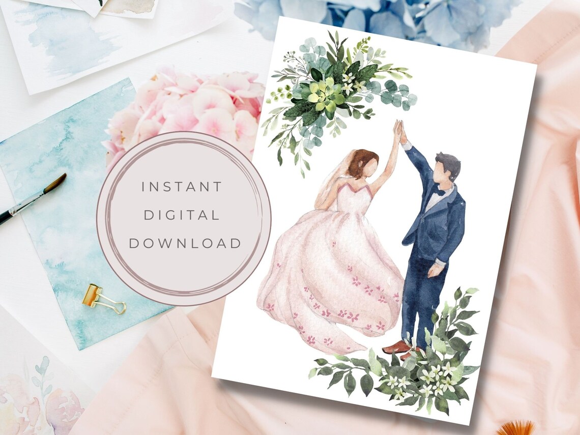 Printable Wedding and Engagement Card, Newlywed Card, Watercolor ...