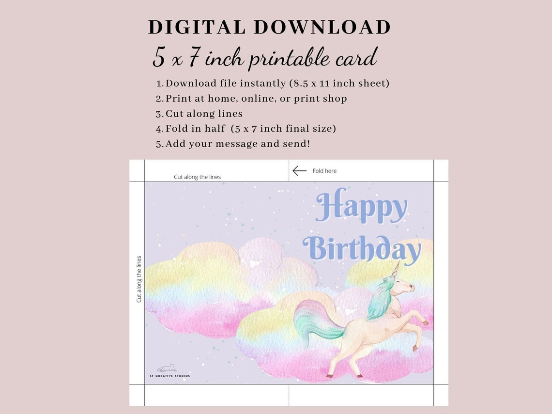 Rainbow Unicorn Birthday Card for Girls, Watercolor Rainbow Cloud Card for 10th Birthday ...